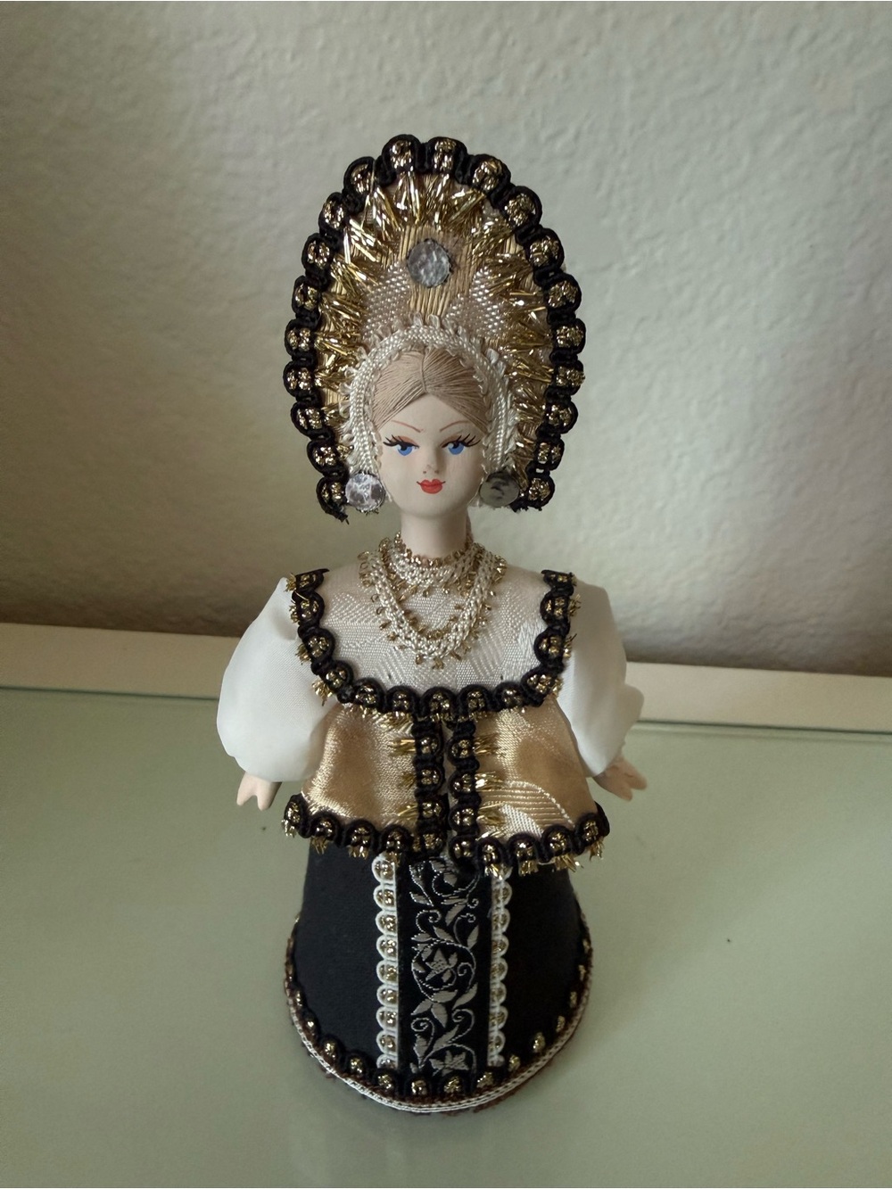 Russian Folk Art Handcrafted Gold and Black Decorative Doll Figurine